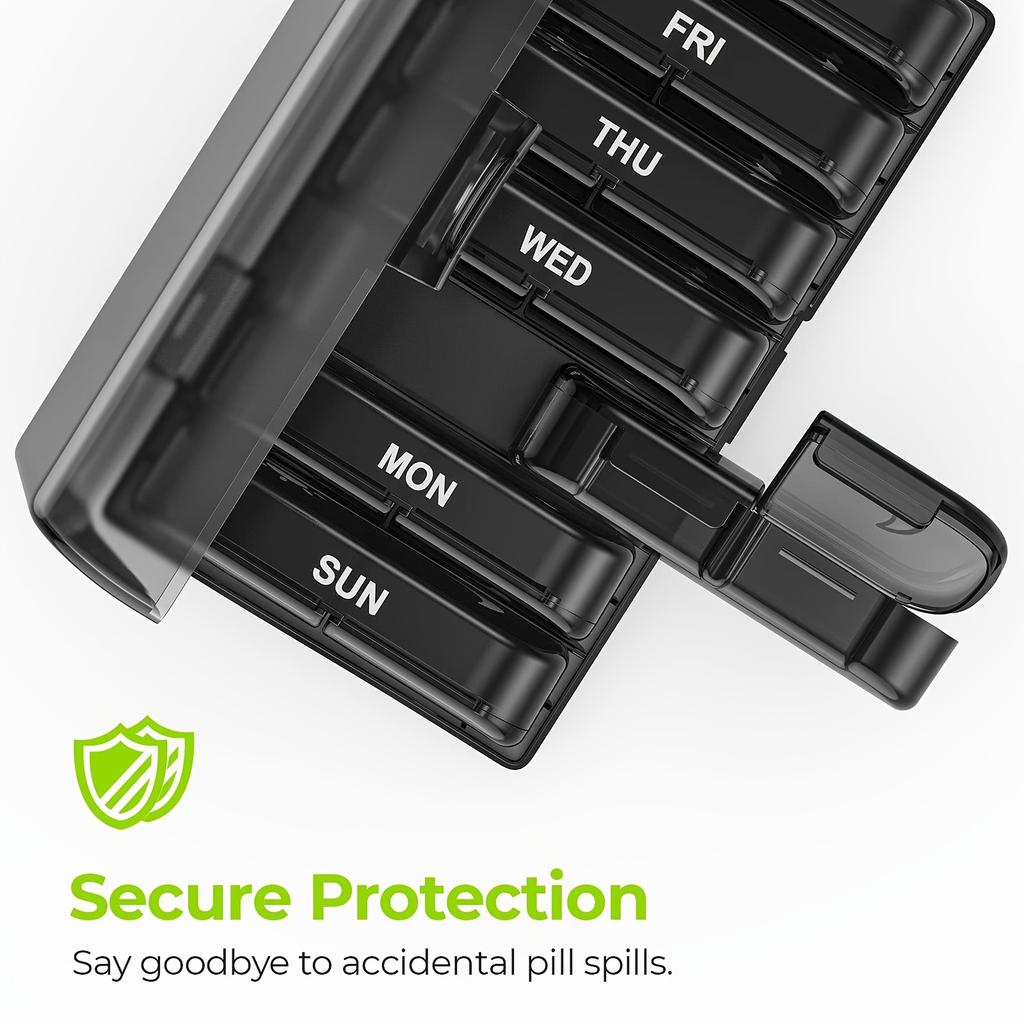 Weekly Pill Organizer 2 Times a Day, Pill Box 7 Day with One-Side Large Openings, Black Privacy Protection AM PM Pill Case