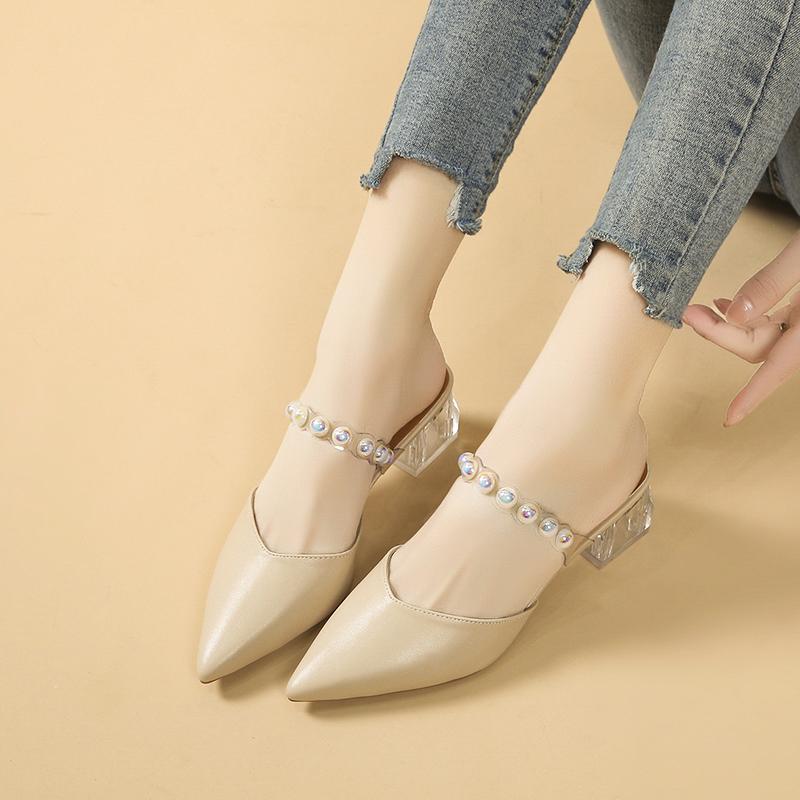 Fashion 2025 New Crystals Mules Outside Shoes White Transparent Women's Slippers and Ladies Sandals Heeled Pointed Toe Job Slides