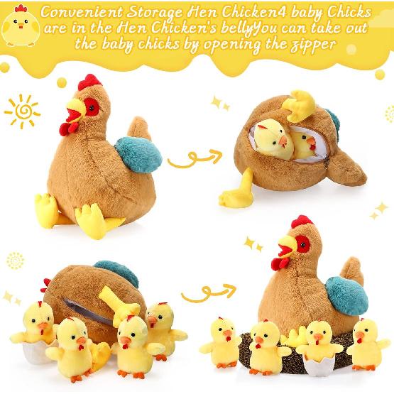 Skylety Chicken Stuffed Animal Plush Toy Egg Laying Hen with Zippered Belly, Hen House and Little Baby Chicks for Christmas Decorations Stuffers
