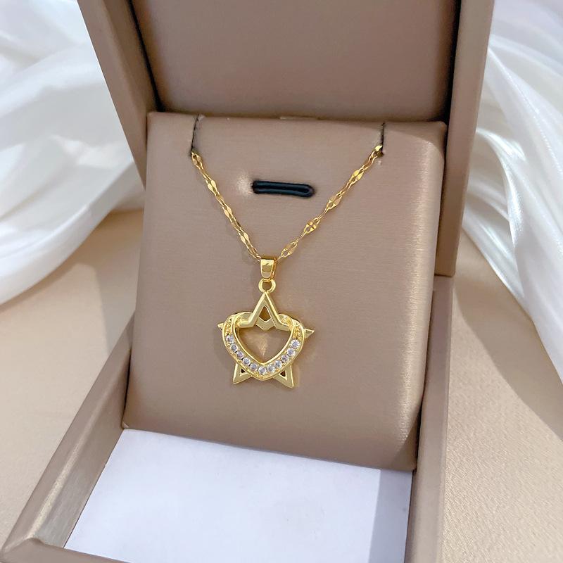 Love Pentagram Light Luxury Temperament Gorgeous Full Diamond Necklace Female Versatile Collarbone Chain Titanium Steel Chain