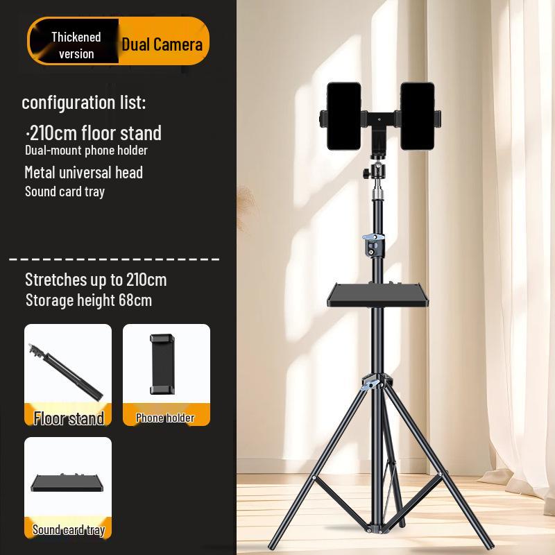 Dual-Position Carbon Steel Phone Stand with Fill Light for Outdoor Streaming
