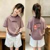 Trendy Striped Short-Sleeve T-Shirt Set for Girls Aged 6-12, Loose Patchwork Summer Top