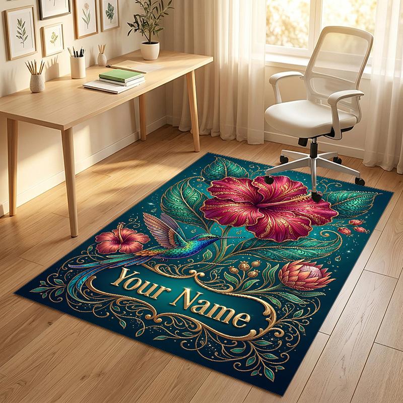 Floral Horse Theme Soft Crystal Velvet Rug Custom Name & Text Print Non Slip Floor Rug for Bedroom Living Room