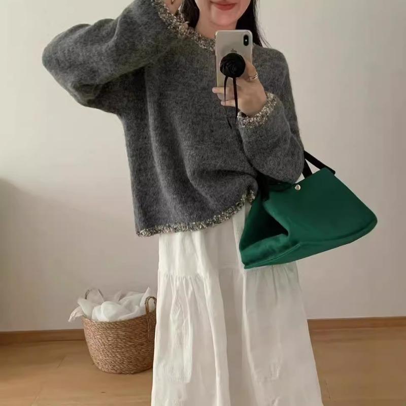 Variegated crew neck cuff pullover sweater women's autumn and winter new loose and versatile soft waxy knitted sweater top