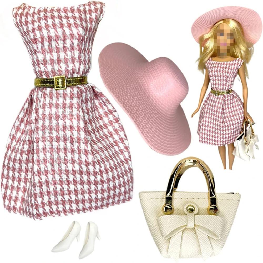 Elegantes Puppenoutfit für 1/6 Puppe Modepuppe Rosa Hahnentritt-Kleid Hut Goldener Gürtel Handtasche mit Schuhen Set
