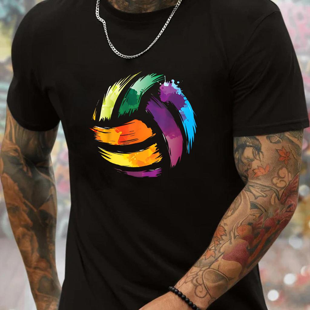 Unisexs Geometric Volleyball Print Crew Neck Tshirt Breathable Tee With Colorful Design Regular Fit Casual Short Sleeve Top