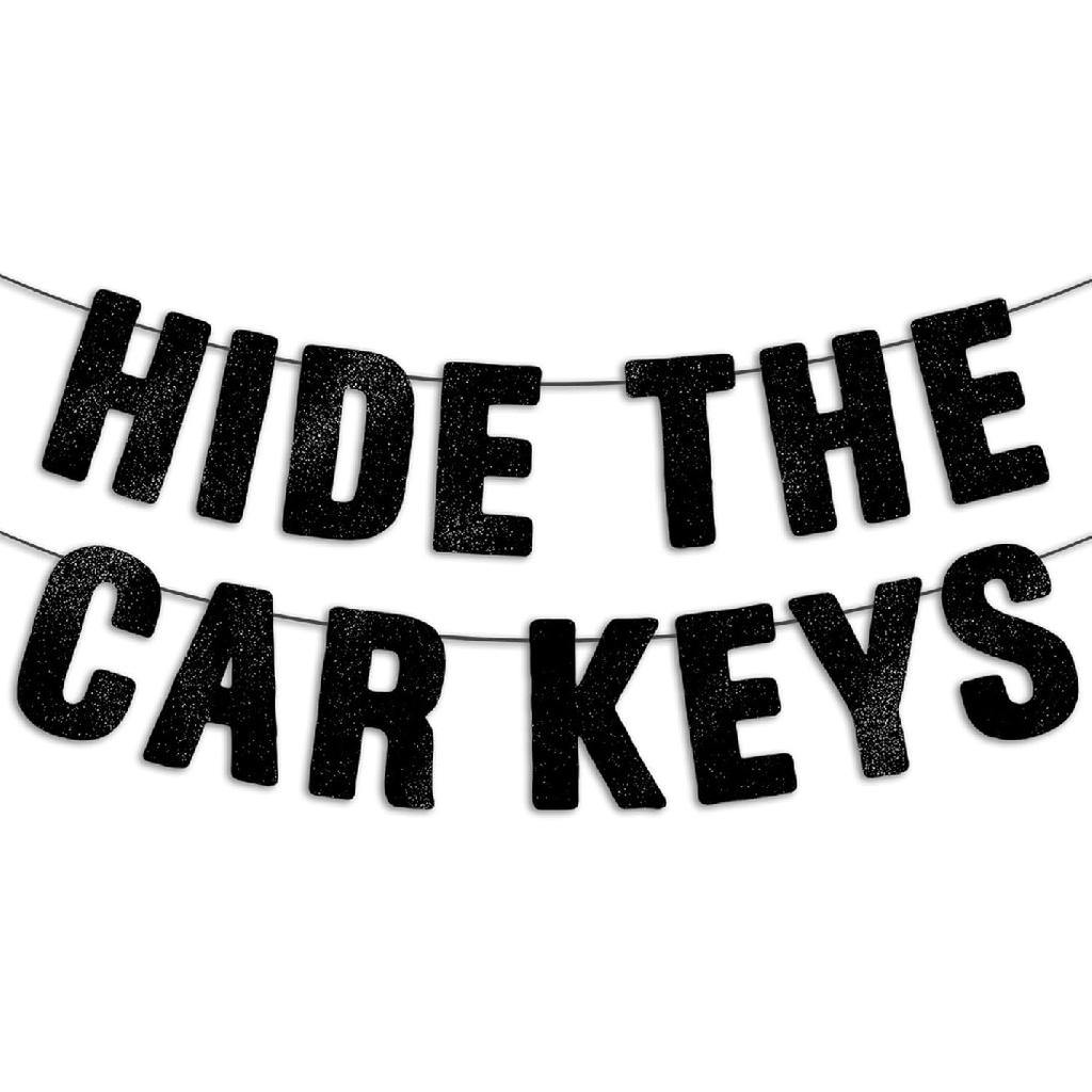Pre-Strung Hide The Car Keys Banner - Black Glitter, 16th Birthday Decorations for Girls, 15th Birthday Decorations for Boys, Sweet 16 Party
