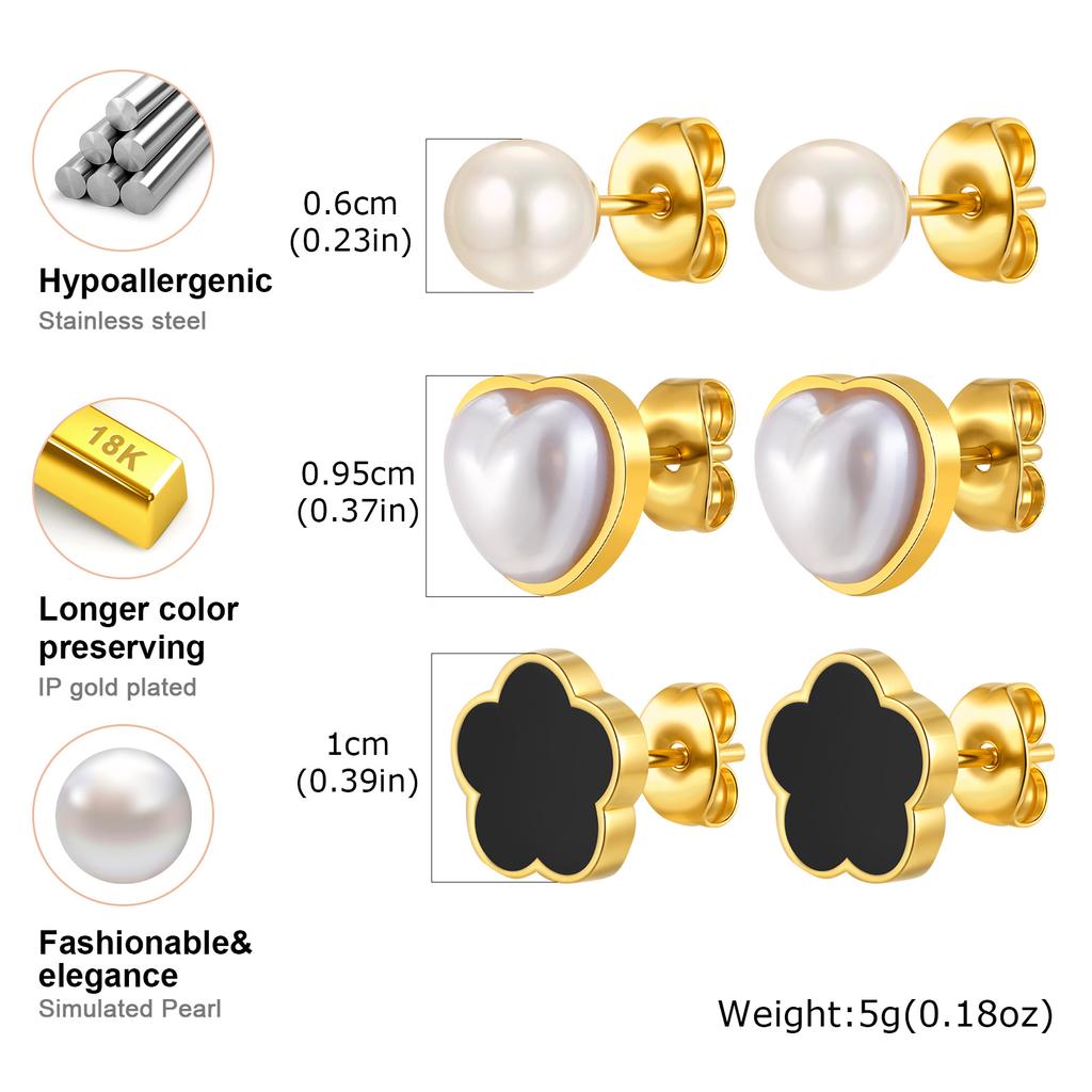 Three-piece Set of Stud Earrings for Women,Stainless Steel Imitation Pearl Heart Shape Flowers Earrings, Geometric Jewelry Gifts