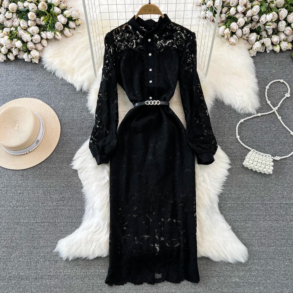 

Весенне-осеннее элегантное черное кружевное платье-карандаш с цветочным крючком, женское облегающее вечернее платье с длинным рукавом и воротником-стойкой