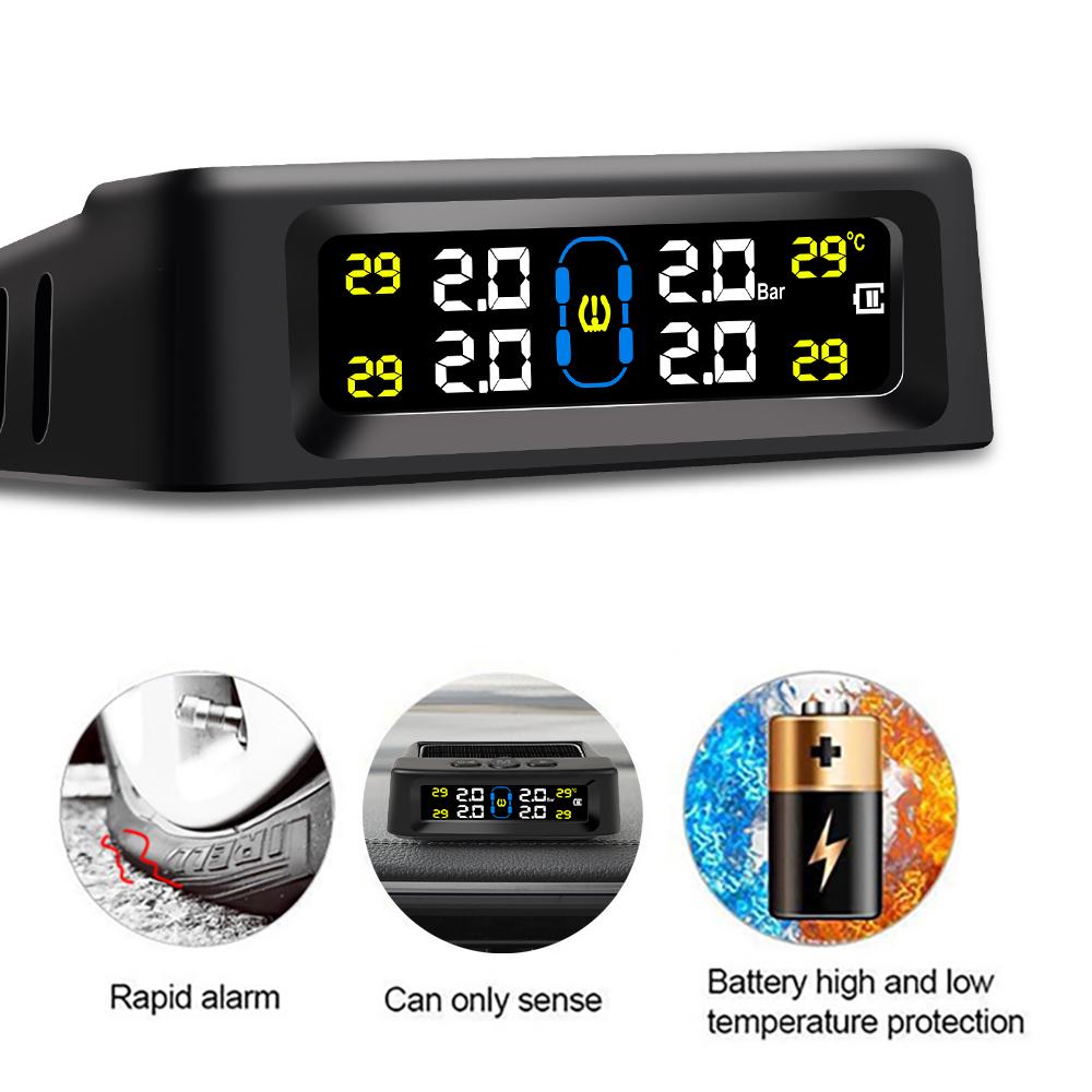 Dispositivo de alarma de presión de neumáticos para automóvil con sistema TPMS solar, pantalla digital colorida y 4 sensores externos, advertencia de temperatura y presión de neumáticos