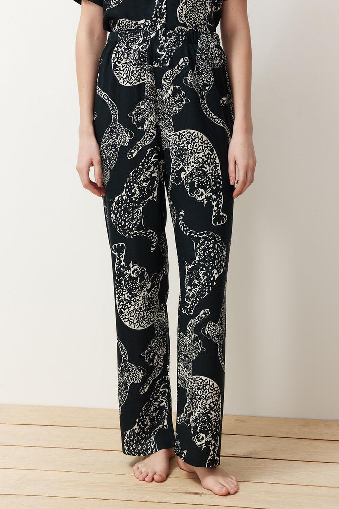 Women's Fashion Anthracite Animal Patterned Viscose Woven Pajama Set