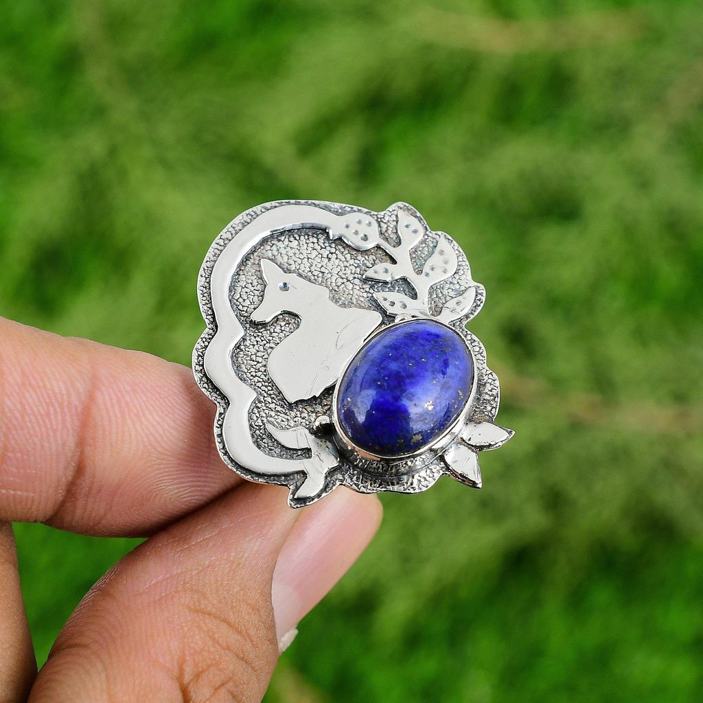 Sterling Silver Throat Chakra Natural Lapis Lazuli Statement Anniversary Ring