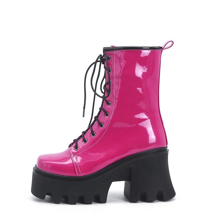 

Женские короткие готические сапоги на высоком толстом каблуке, со шнуровкой, круглым носком, на платформе, готические туфли розово-красного цвета 36