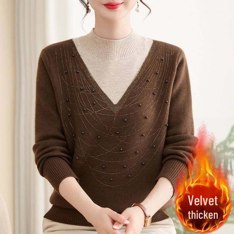 Mom's Velvet Thickened Knit Two-Piece Sweater for Autumn/Winter - Mid-Age Half-High Collar