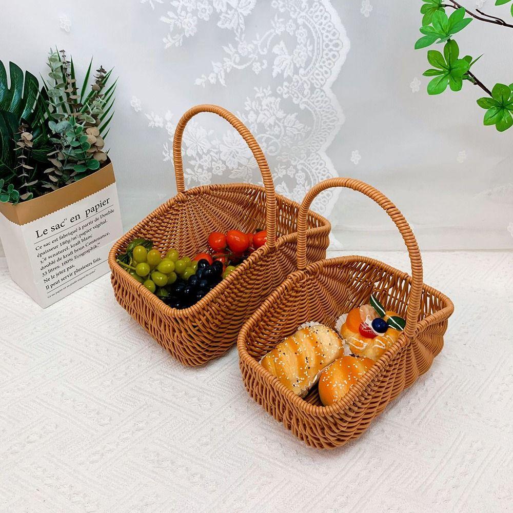 Woven Rattan Storage Basket Rectangle Picnic Basket Versatile Handhold Basket  Home Kitchen