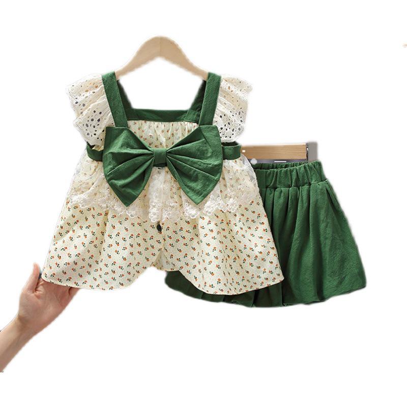 2023 Mädchen Blumen Schleife Top & Shorts Stilvoller Sommeranzug