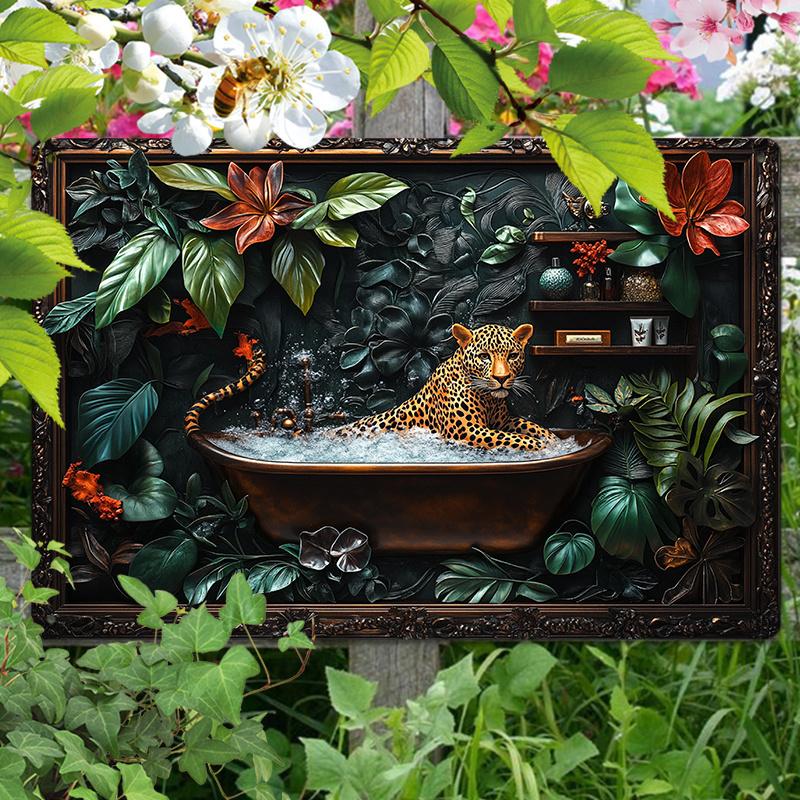 

2d Flat 30*20cm, Room Decor Retro Style Wooden Wall Art, Wooden Sign, Tropical Leopard Bath Scene, Spring Decor, for Home, Kitchen, Bedroom, Bar Decor 30*20cm