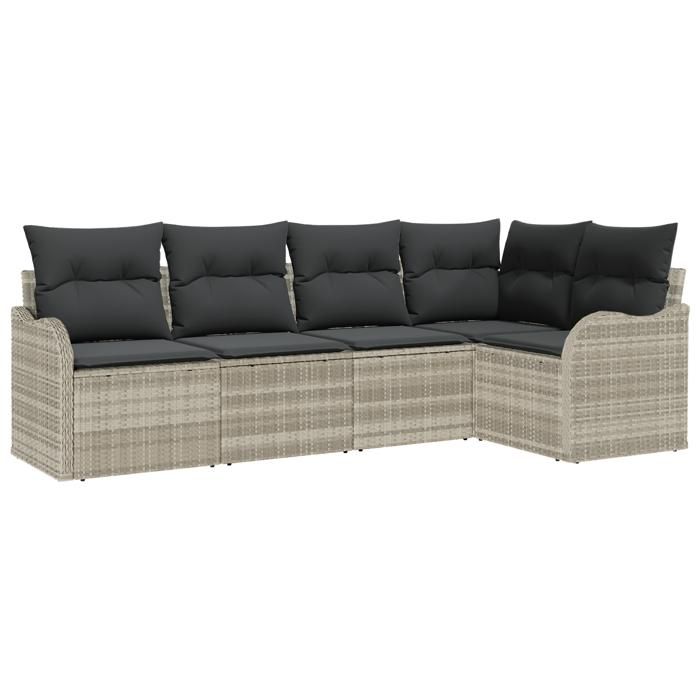 Ensemble de canapé de jardin 5 pièces avec coussins en poly rotin gris clair, Canapé de jardin 2 places avec rangement 3354371