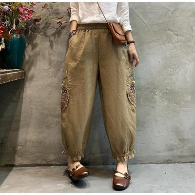Damen Sommer Design Stickerei Patchwork Hose Neun Minuten Vintage Laternenhose