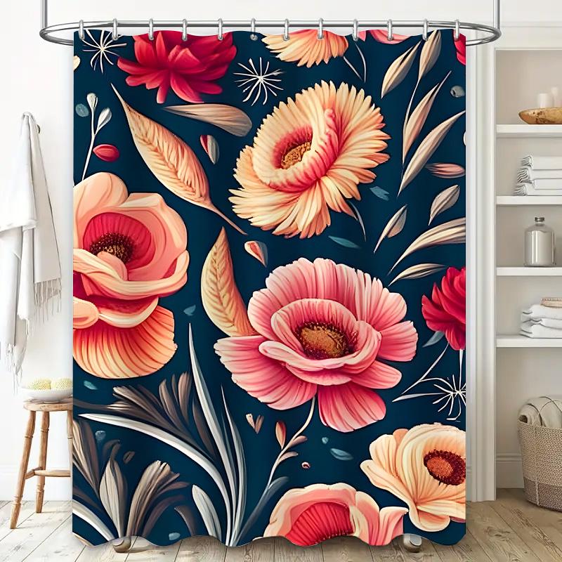 Vibrant Floral Shower Curtain Dark Blue Background With Pink White Flowers Pattern Decorative Bath Shower Curtain Set For Bathro