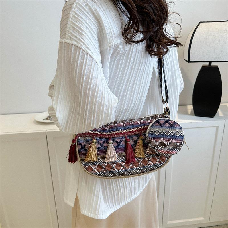 Premium textured women's bag double-sided new fringed woven messenger bag versatile wide shoulder strap women's shoulder bag