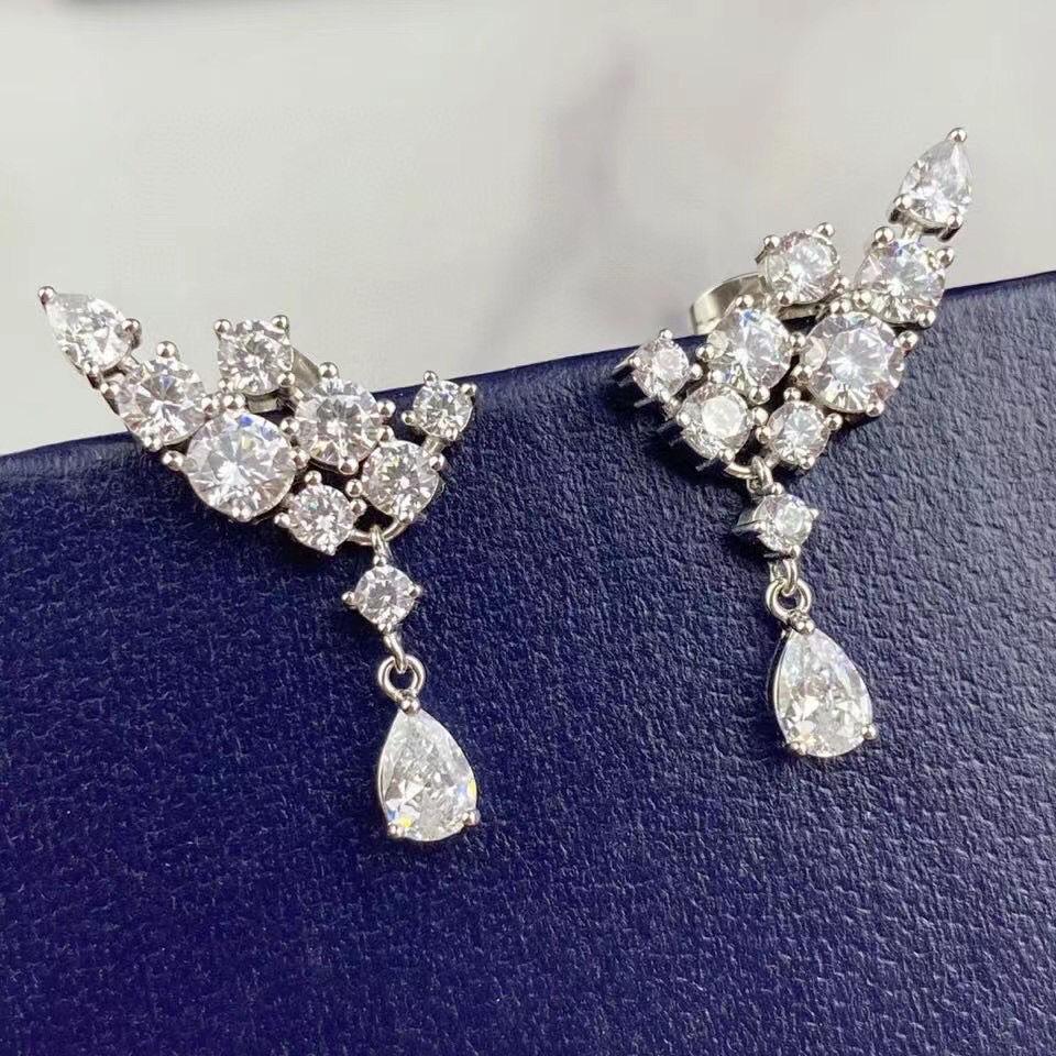 S925 White Gold Plated Teardrop Cluster Earrings with Simulated Diamond