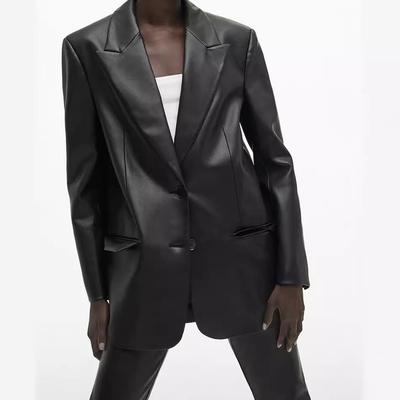 2023 Women's Solid Color Suit Collar Faux Pocket Fashion Leather Jacket