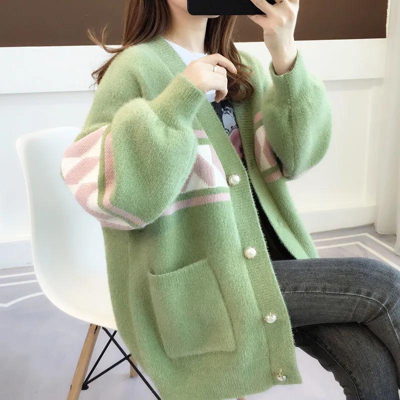 Women Mink Fleece Jacket Plus Size Sweater Knit Cardigan Korean Loose Single Breasted  Long Sleeve Coat