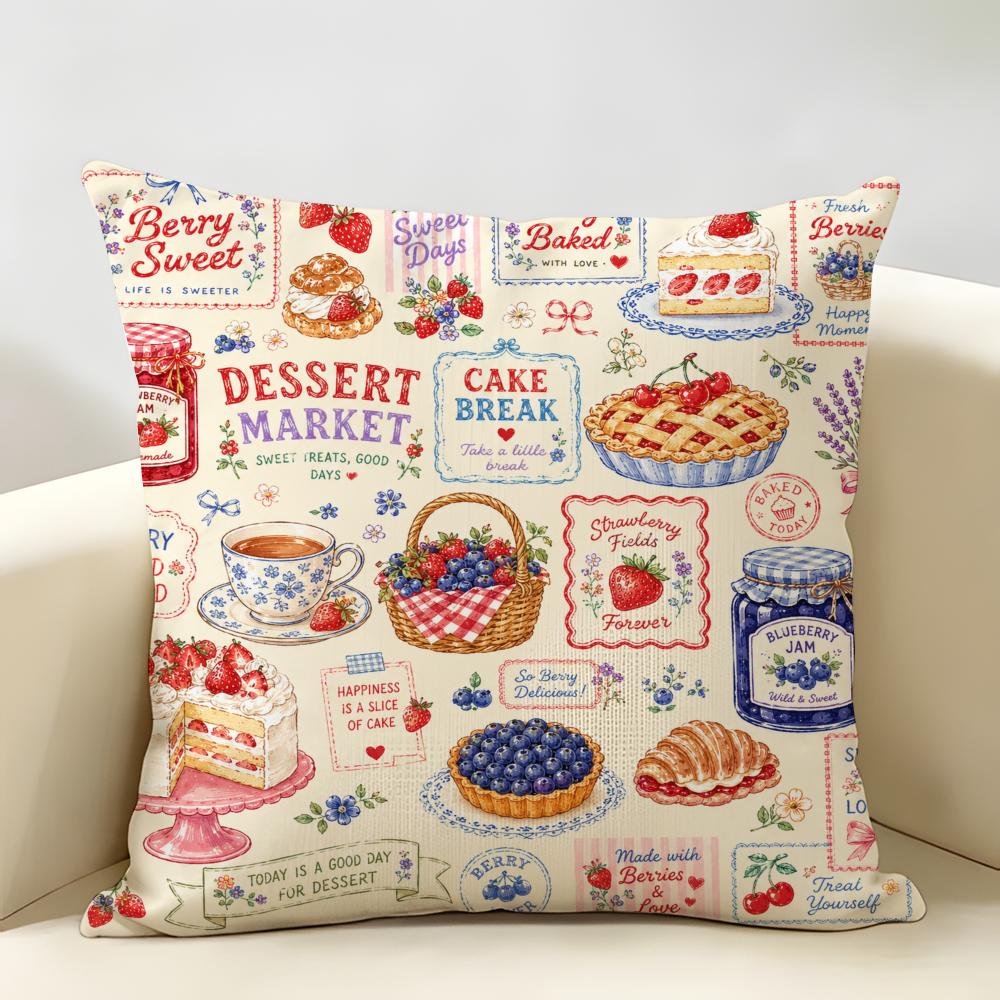 Food Fruits Desserts Puzzle Pattern Cushion Cover Natural Linen Organic Fabric Double-Sided Printing Breathable For Home Decor