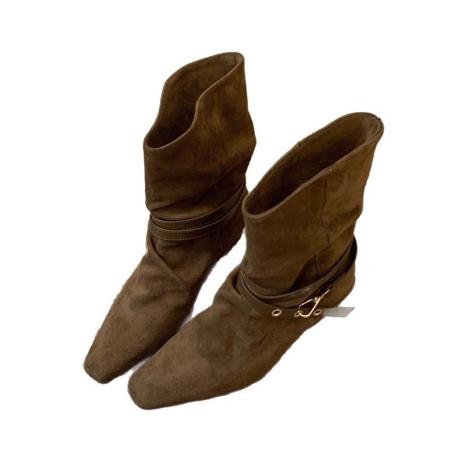 Retro thick heel two wear square head knight boots women's 2025 autumn and winter new suede belt buckle versatile and thin medium boots