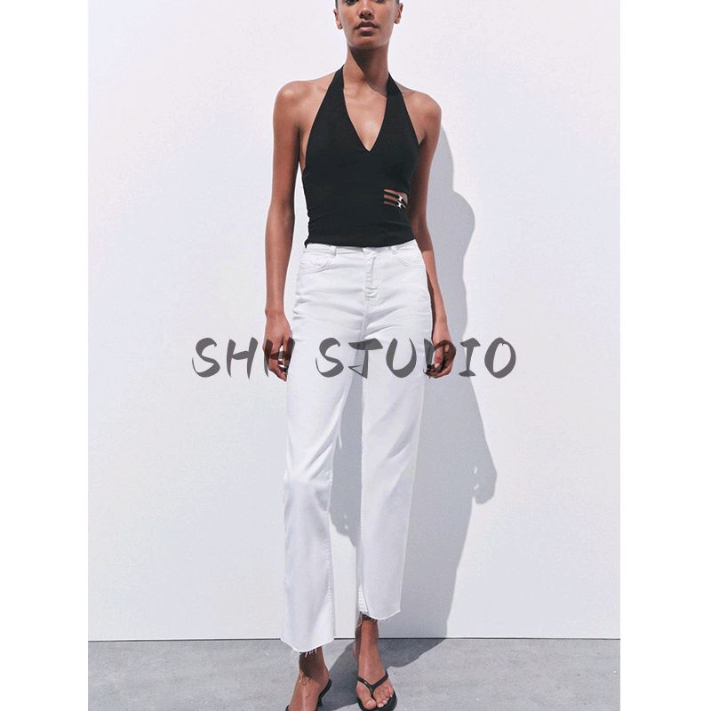 Spring and Summer New Women Clothes Western Style Metal Inlaid Opening Design Backless Hanging Collar Top 2926620