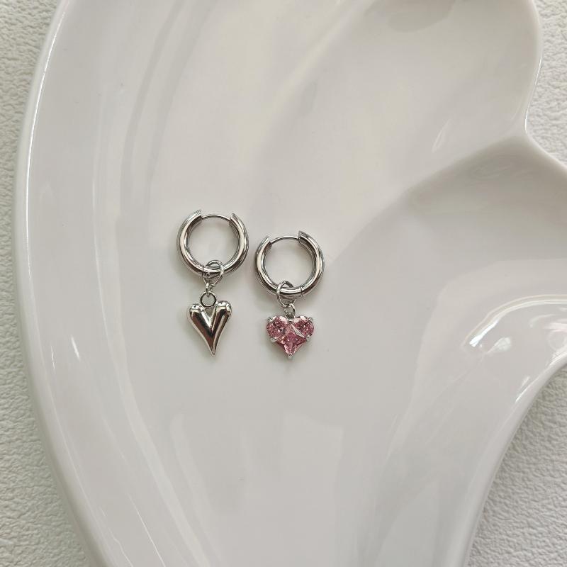 Sweet Pink Zircon Heart-Shaped Pendant Earrings For Women Simple Geometric Circular Ear Buckle Fashion Jewelry Accessories Gift