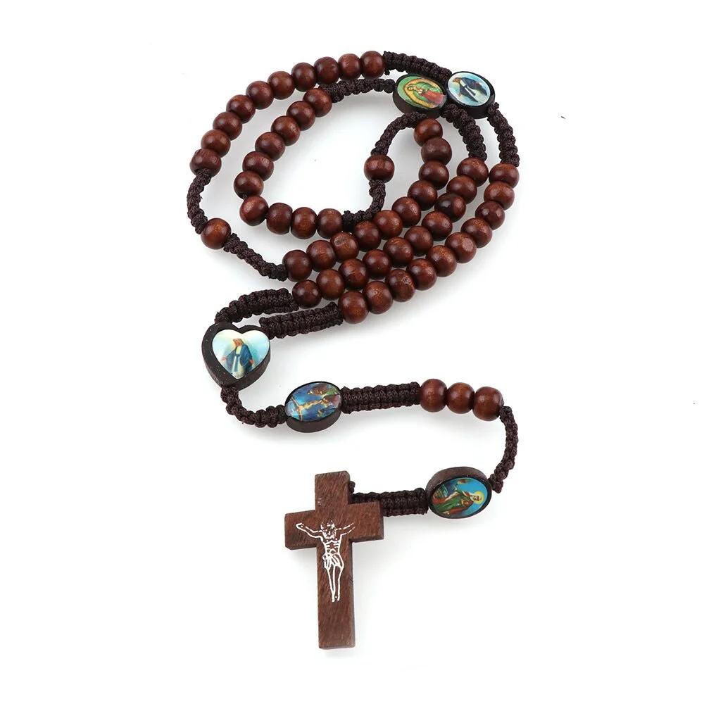 Wooden Beads Cord Rosary St Benedict Medal Jesus Cross Car Pendant Necklace Catholic Fashion Religious Jewelry Auto Decor