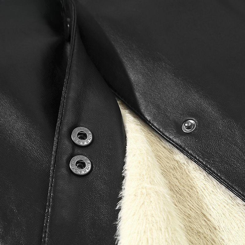 Women's Winter Fleece-lined Leather Jacket Mid-length Turn-down Collar PU Leather Jacket