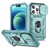 For iPhone 15 Pro Max Kickstand Case Card Holder PC+TPU Phone Cover with Sliding Camera Protection