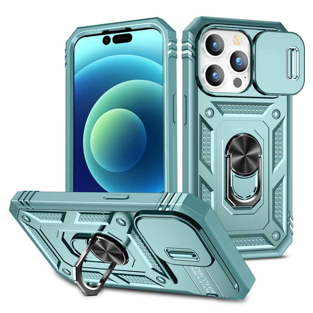 For iPhone 15 Pro Max Kickstand Case Card Holder PC+TPU Phone Cover with Sliding Camera Protection
