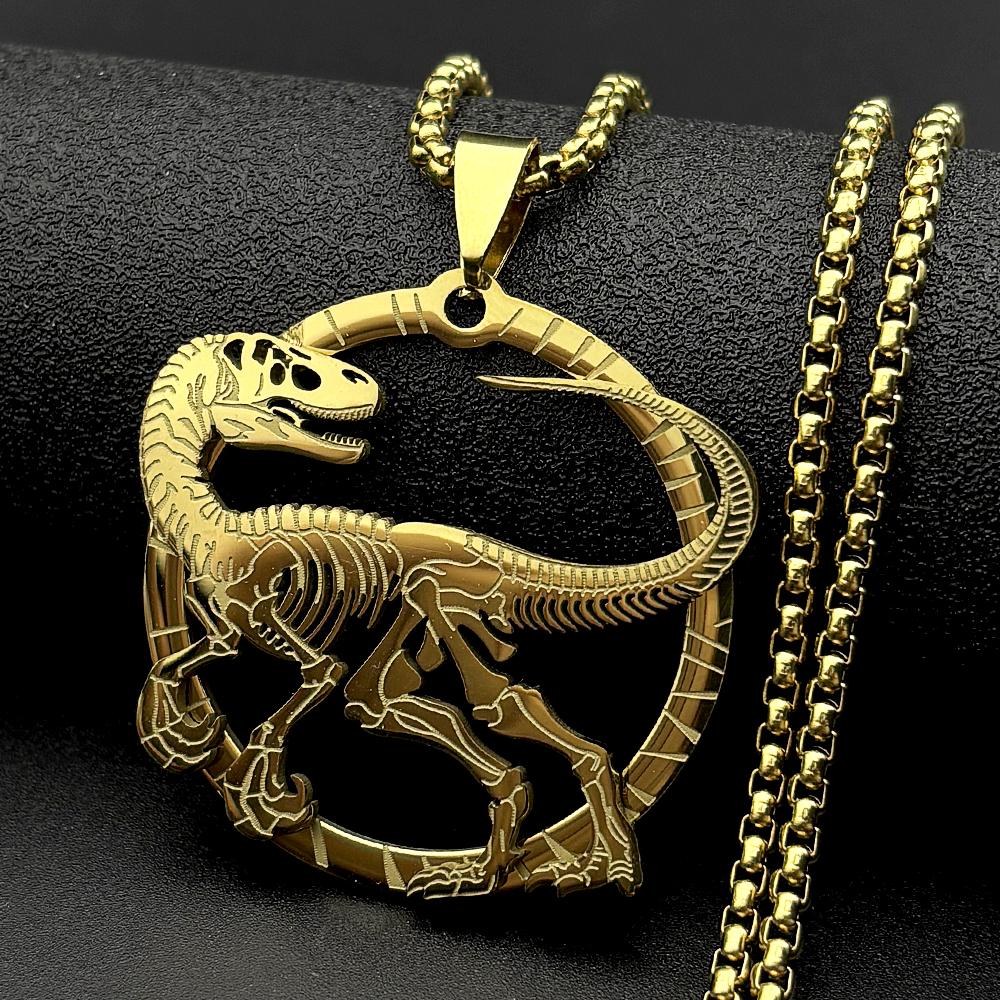 Collana Ciondolo Scheletro di Dinosauro Velociraptor per Donne Uomini Acciaio Inossidabile Colore Oro Animale Hip Hop Maschile Catena a Scatola Gioielli