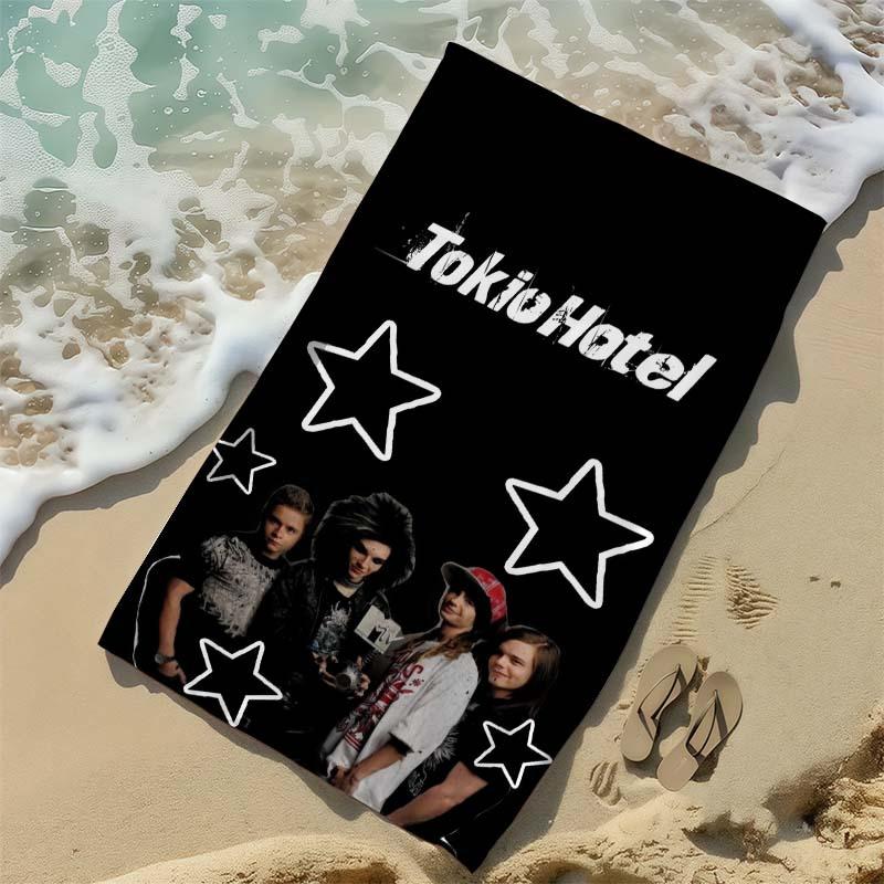 T-Tokio Hotel Band Foto Sternenprint Strandtuch Mikrofaser Weich Schnelltrocknend Schwarz-Weiß Emo Rock Badetuch Für Fans Schwimmen