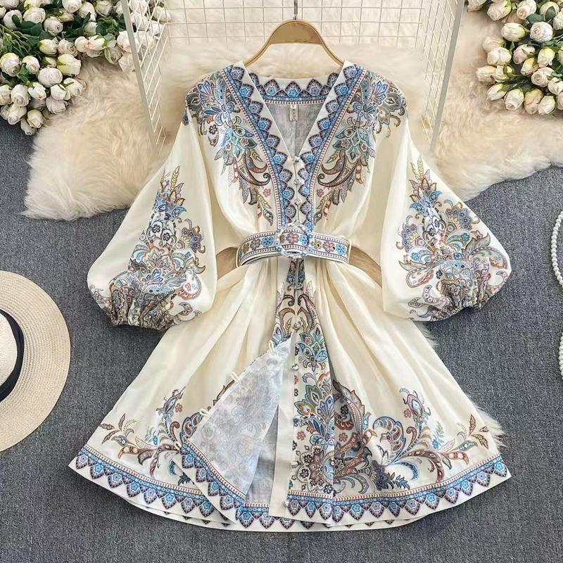 

Европейско-американское летнее новое платье с принтом Богема Наряд для путешествий Свободная короткая юбка Платье с принтом Blue XL