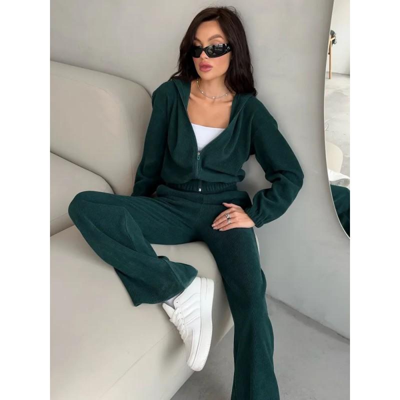 Womens Casual Two-Piece Set: Solid Color Long Sleeve Hooded Sweatshirt Elastic Waist Wide Leg Pants