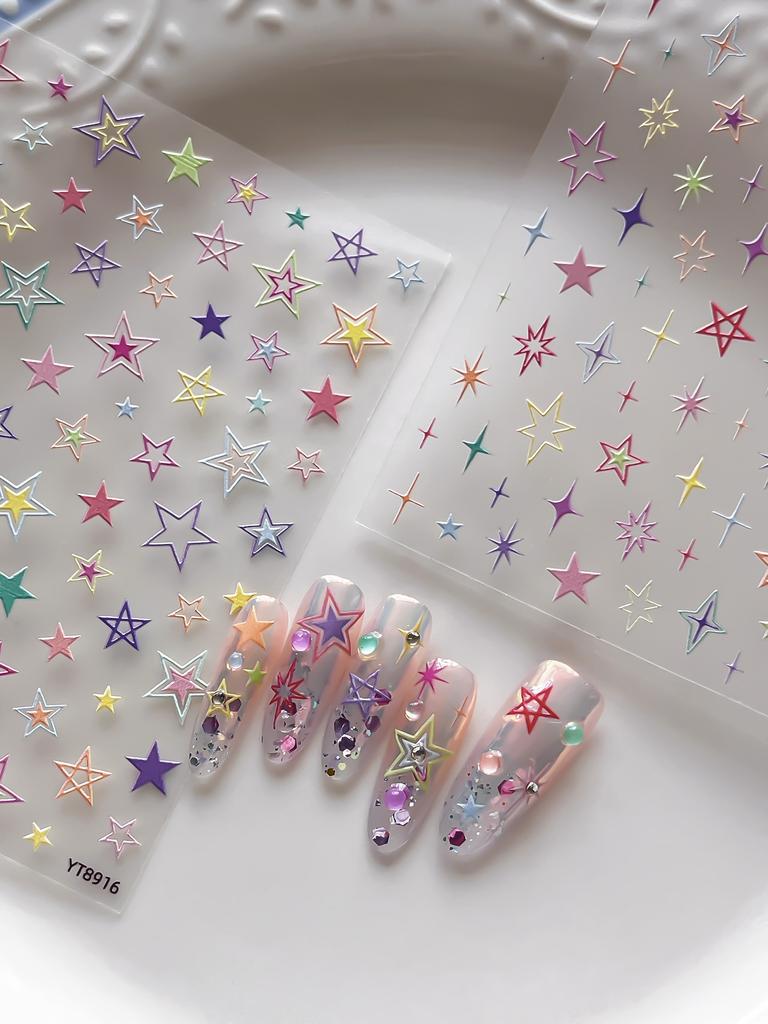 Color Hollow Star Nail Stickers, Y2K Self-Adhesive Pentagram Nail Decals, Colorful Mini Stars Suitable for DIY Press On Nails