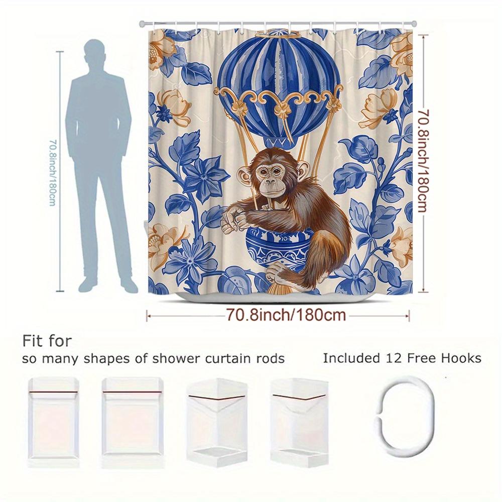 1Pc. Hot Air Balloon Animal Pattern Shower Curtain With Plant Background, Polyester Fabric, Includes 12 Hooks, 70. 8X70. 8 Inche
