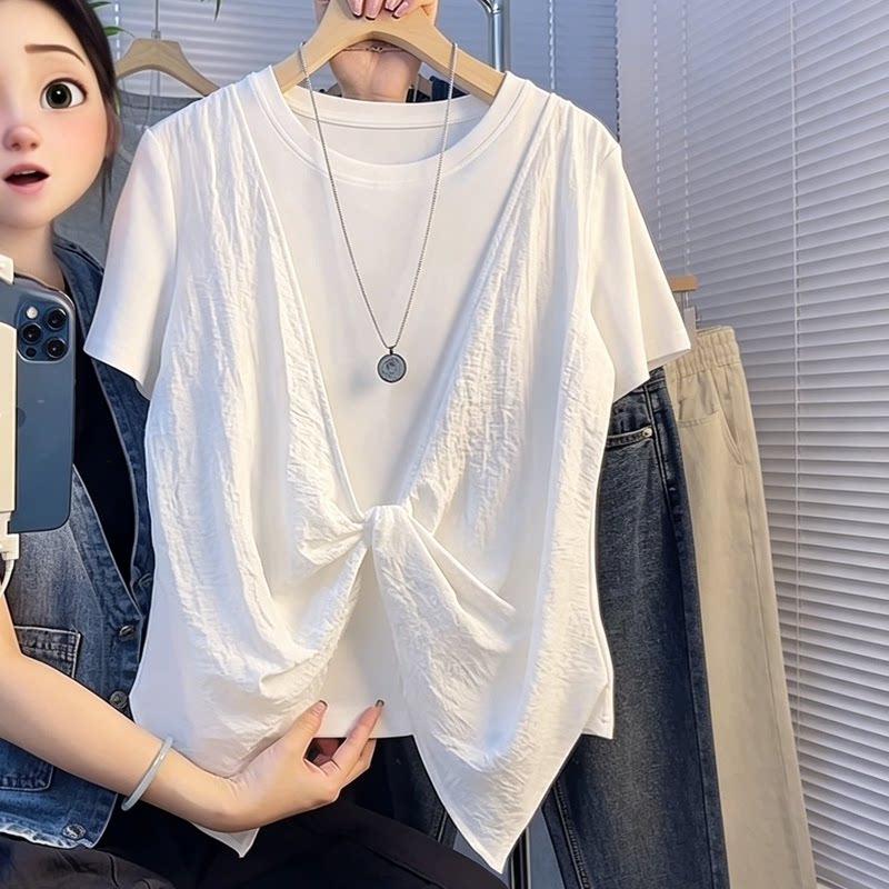 Women Summer Short Sleeve T-Shirt Round Neck Fake Two Piece Twist Knot Design Casual Top