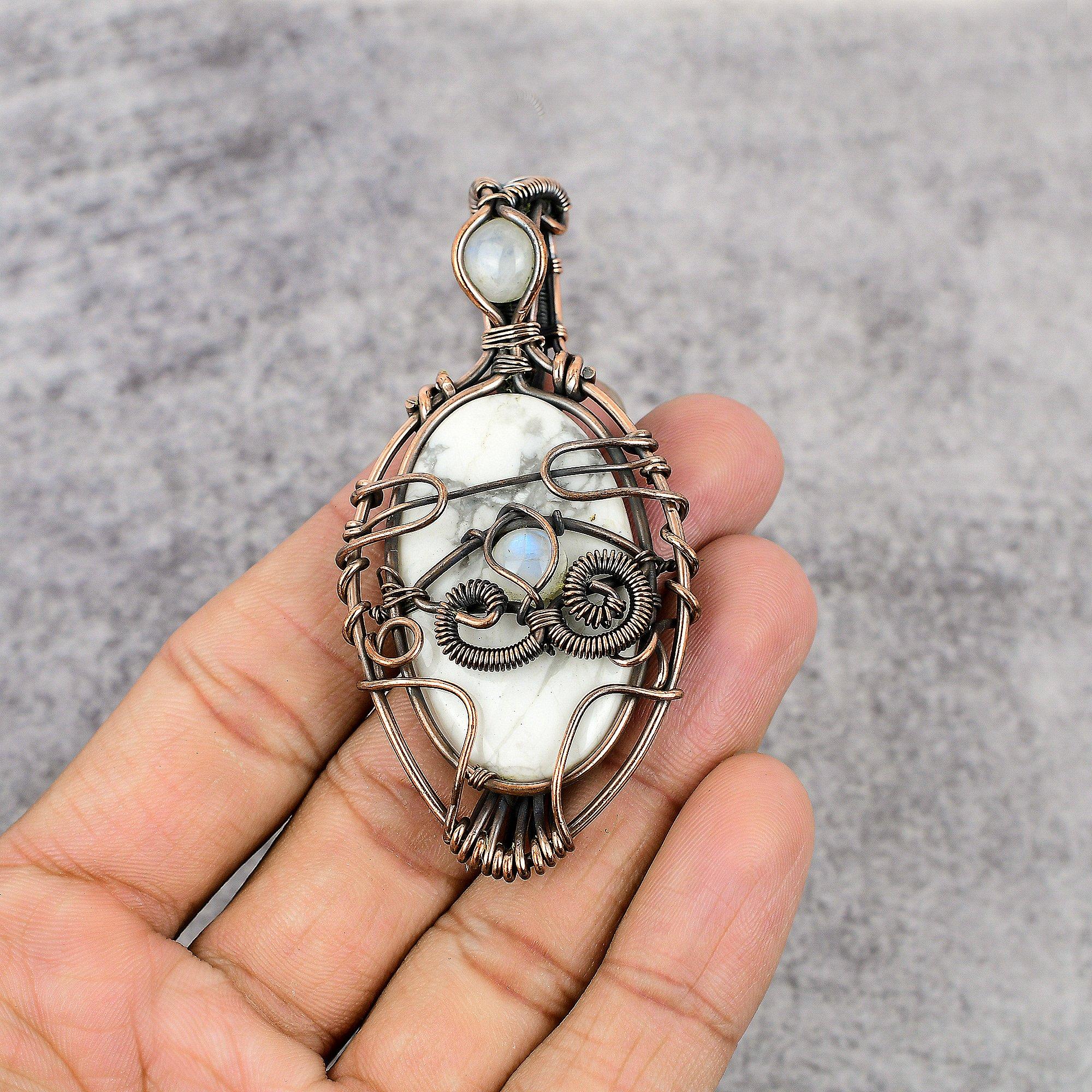 

Howlite & Rainbow Moonstone 999 Copper Wire Wrapped Pendant, Handmade Gemstone Pendant Jewelry, Gifts For Wife Brand New Pendant 2.25 Inches