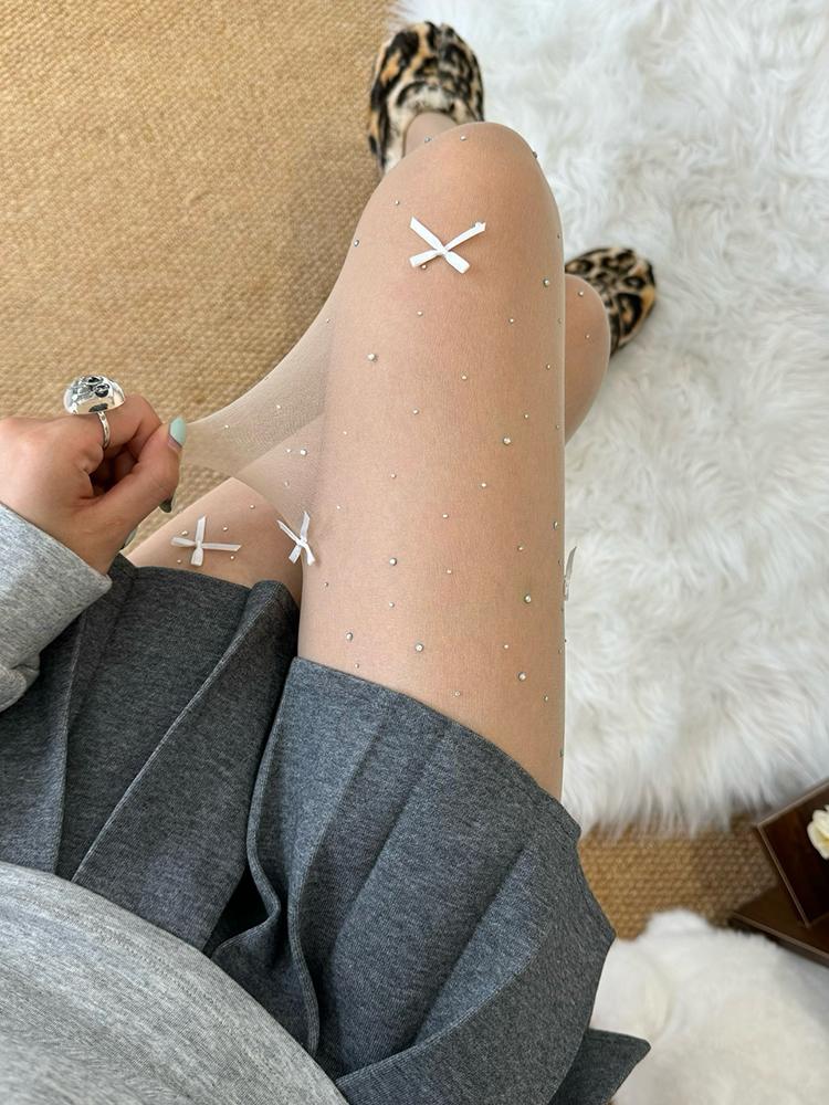 Girl Lolita Bow Sparkling Diamond Tights Women Sheer Skincare Socks Bottom Pantyhose Ballet Style Pure Desire Silk Stocking