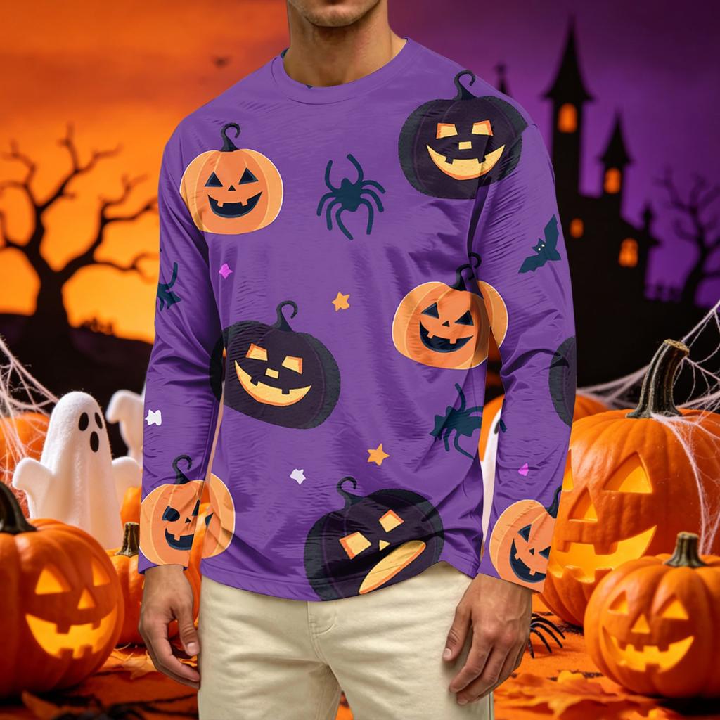 Men's Long Sleeve Casual T Shirt Crew Neck Haunted House Print Halloween Theme Graphic Tee Comfortable Fit
