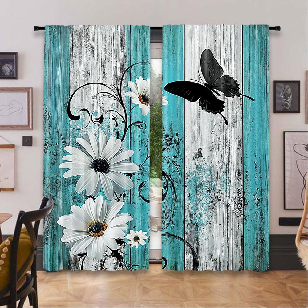Set Of 2 Teal Turquoise Curtain Aqua Floral Blue White Curtains Decor Home Bedroom Apartment Living Room Window Polyester Perfect For