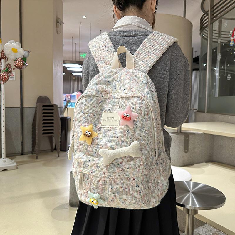 Schoolbag high-value schoolbag female college student fashion versatile plush knitted backpack simple junior high school large capacity backpack