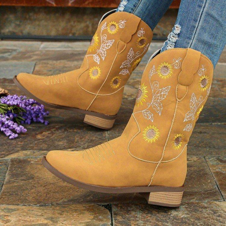 Embroidered Cowboy Boots for Women Western Cowgirl Round Toe Boots Chunky Heel Pull On Dress Mid-calf Boots Women's Low Block Heeled Short Booties