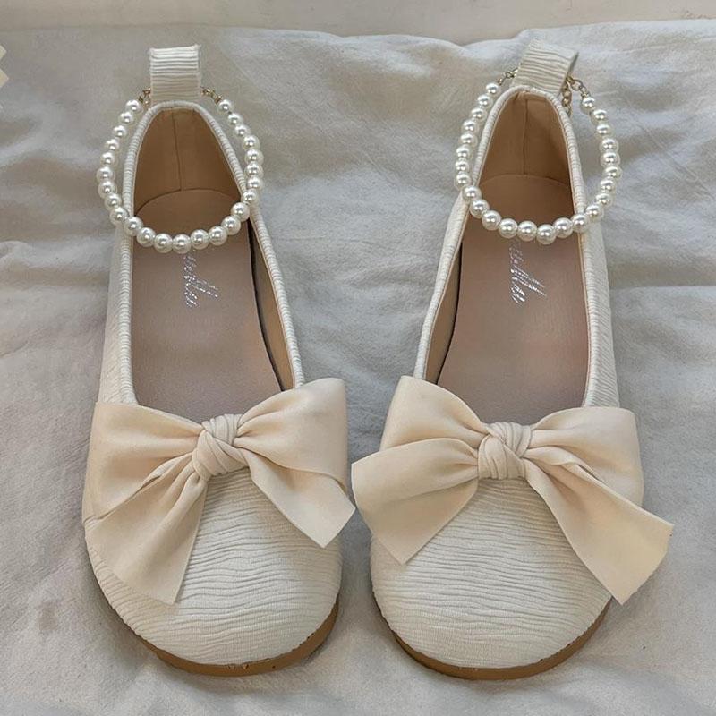 

Женские туфли-лодочки Элегантные туфли Мэри Джейн на плоской подошве Милые туфли в стиле Лолиты с бантом из ленты и жемчугом Удобные туфли с круглым носком и мягкой подошвой 40 бежевый